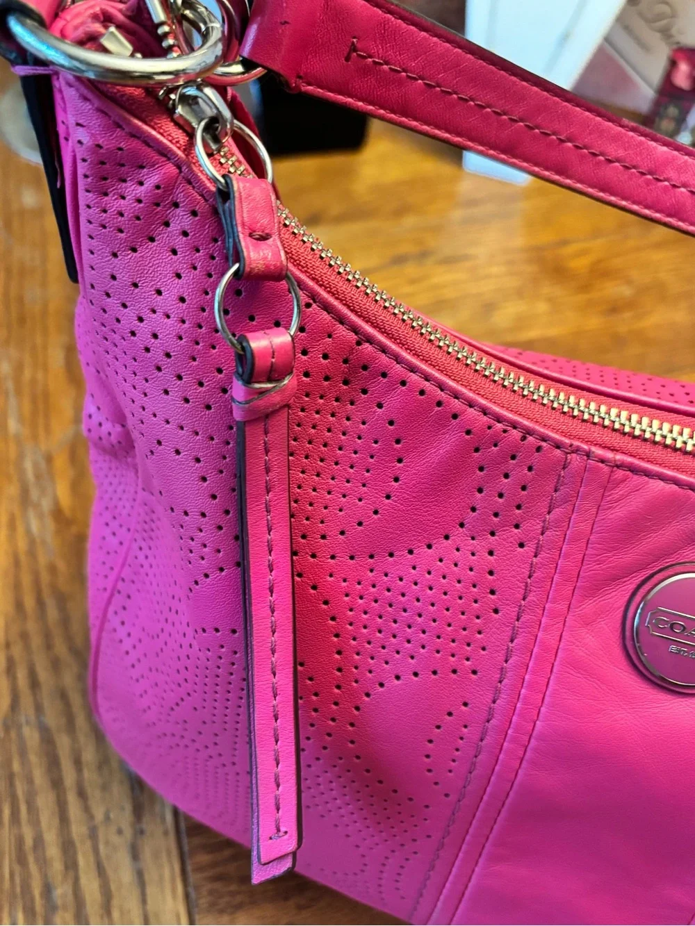 Coach F23241 Pink Perforated Leather Convertible Hobo Crossbody Bag